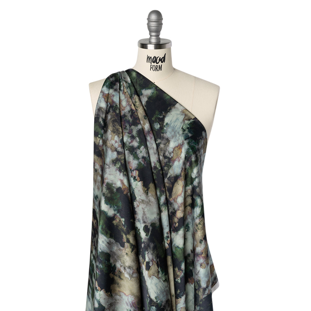 Polyester Satin - Forest Green, Beige and Muted Pale Blue Abstract Painting - Mood Exclusive Earthtone Flow Print Drape