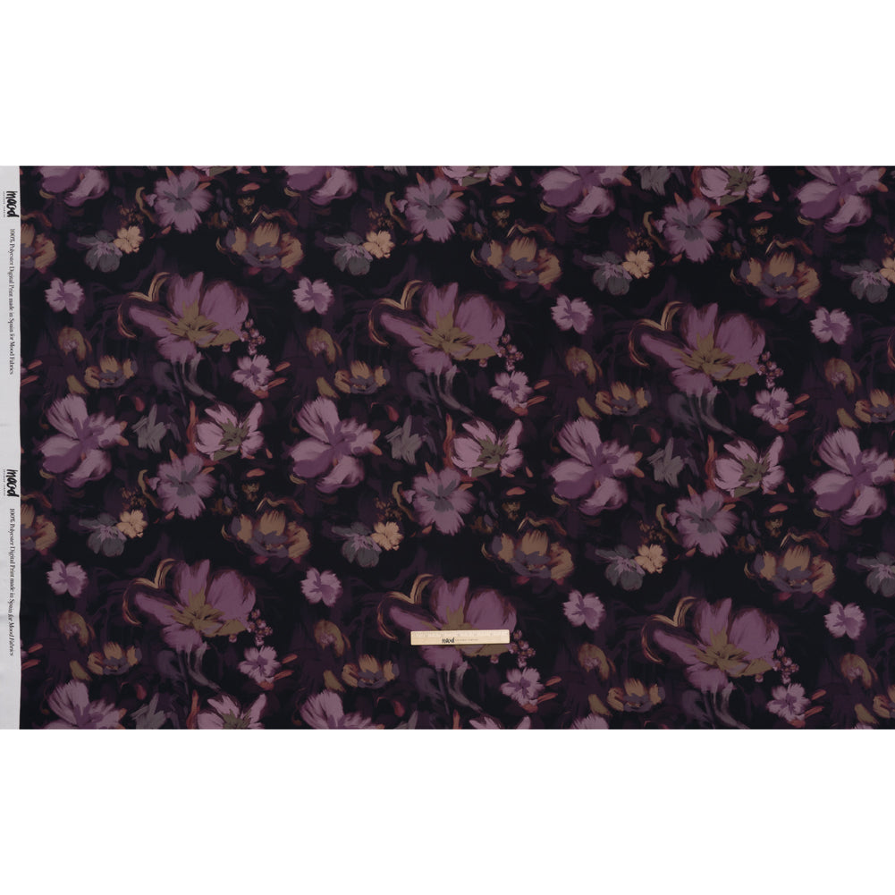 Polyester Satin - Aubergine, Lilac and Taupe Painted Flowers - Mood Exclusive Petal Veil Print Full