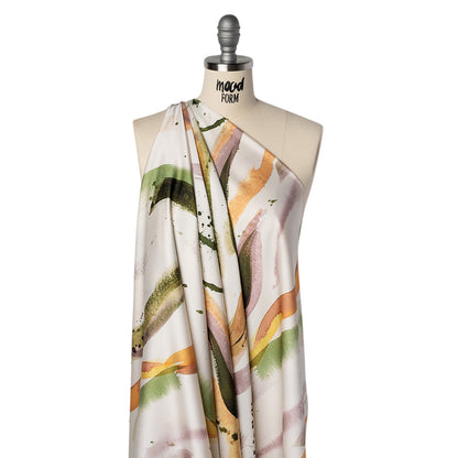 Polyester Satin - Forest Green, Plum Purple and Tangerine Abstract Watercolor Ribbons - Mood Exclusive Fluid Strokes Print