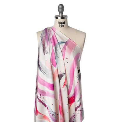 Polyester Satin - Fuchsia, Coral Pink and Muted Blue Abstract Watercolor Ribbons - Mood Exclusive Fluid Strokes Print Drape