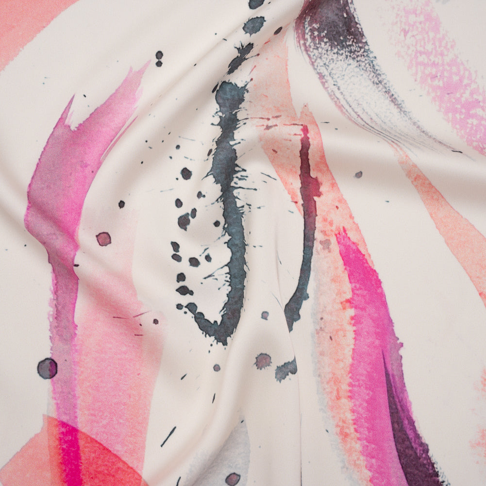 Polyester Satin - Fuchsia, Coral Pink and Muted Blue Abstract Watercolor Ribbons - Mood Exclusive Fluid Strokes Print