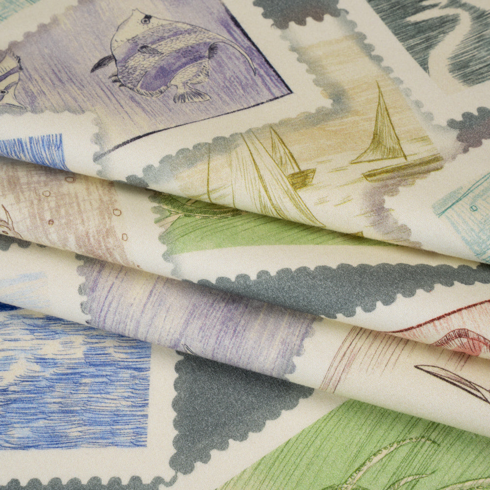 Brushed Cotton Woven - Blue, Green and Beige Ocean Scene Stamp Collection - Mood Exclusive Seaside Stamps Print - Folded