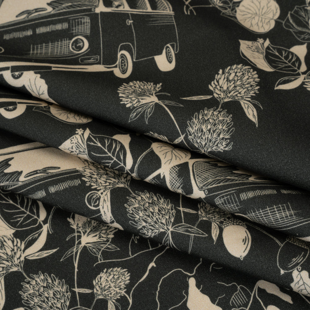 Brushed Cotton Woven - Charcoal and Beige Van in Nature - Mood Exclusive Scenic Route Print Folded