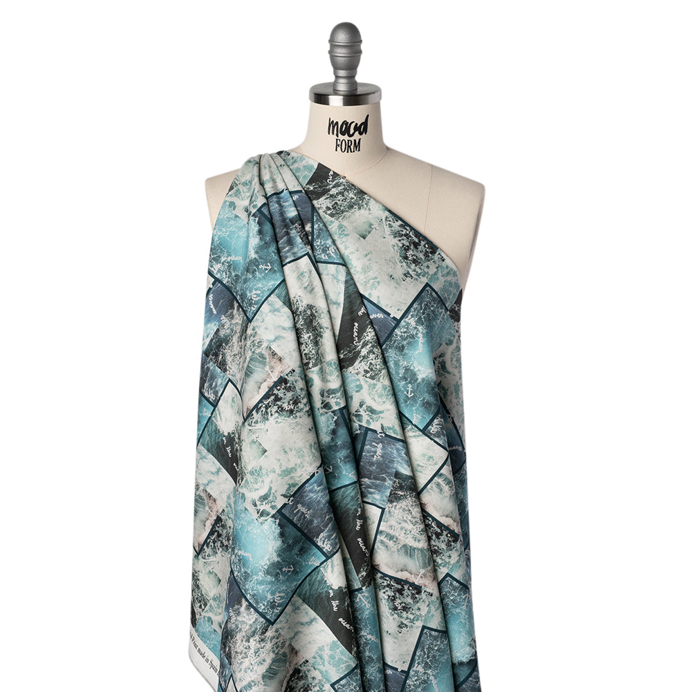 Brushed Cotton Woven - Blue and Gray Ocean Waves Collage - Mood Exclusive Currents & Cursive Print
