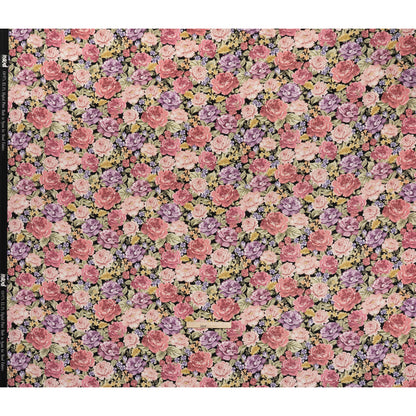 Brushed Cotton Woven - Rose Pink, Purple and Black Blooming Flowers - Mood Exclusive Tender Bloom Print Full