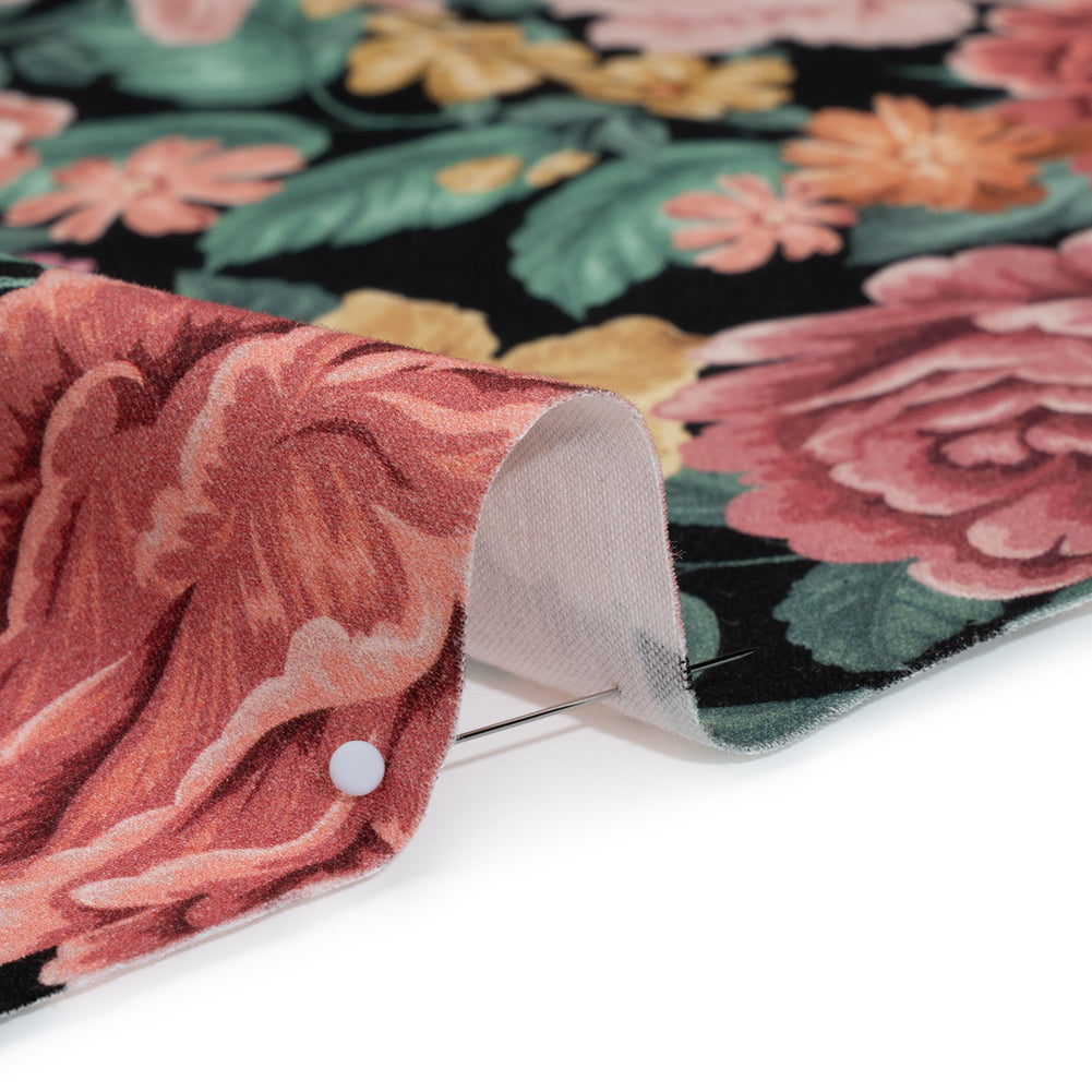 Brushed Cotton Woven - Coral Pink, Yellow and Green Flowers on Black - Mood Exclusive Briar Lane Print - Detail