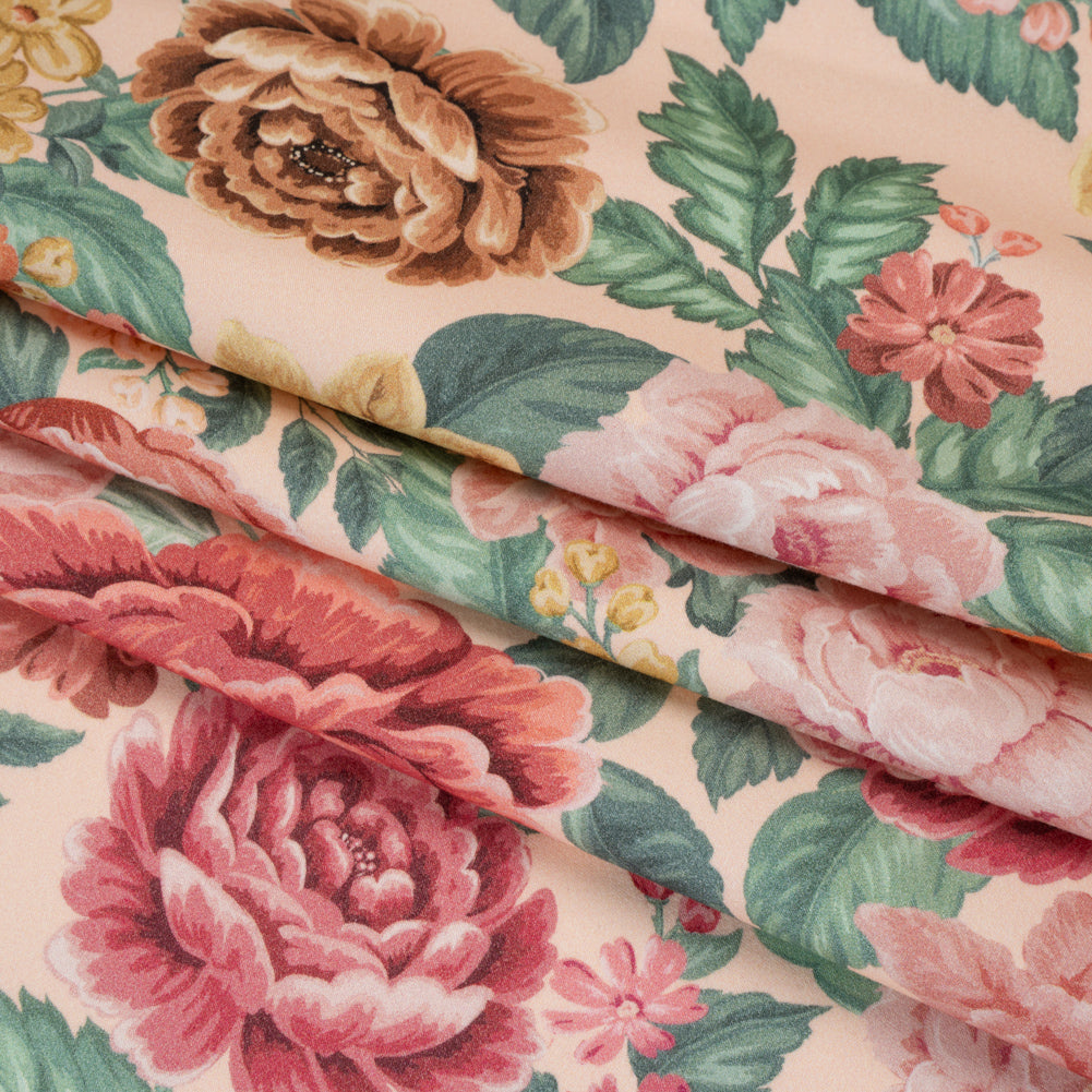 Brushed Cotton Woven - Coral Pink, Yellow and Green Flowers on Peach - Mood Exclusive Briar Lane Print - Folded