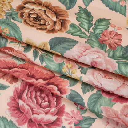 Brushed Cotton Woven - Coral Pink, Yellow and Green Flowers on Peach - Mood Exclusive Briar Lane Print