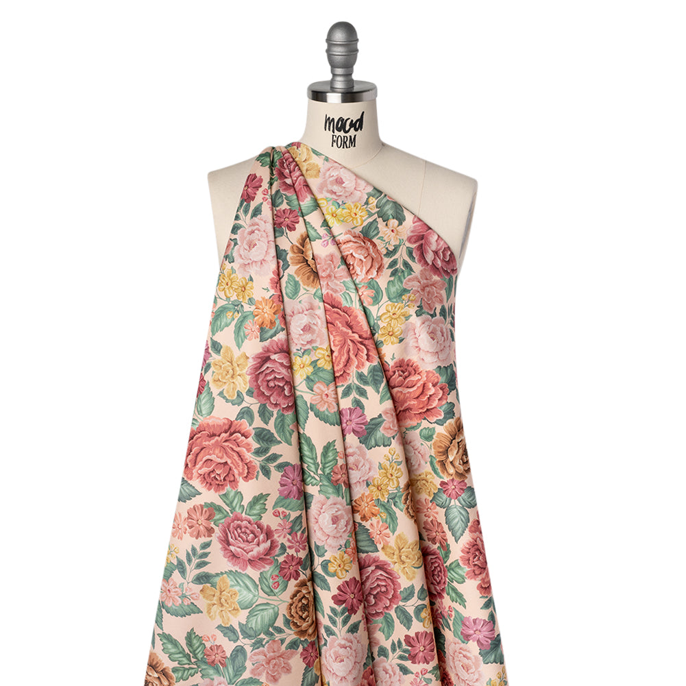 Brushed Cotton Woven - Coral Pink, Yellow and Green Flowers on Peach - Mood Exclusive Briar Lane Print - Drape