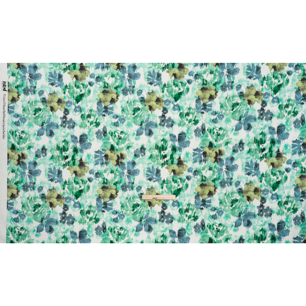 Brushed Cotton Woven - Green, Blue and Olive Ikat Florals - Mood Exclusive Reflecting Pool Print - Full