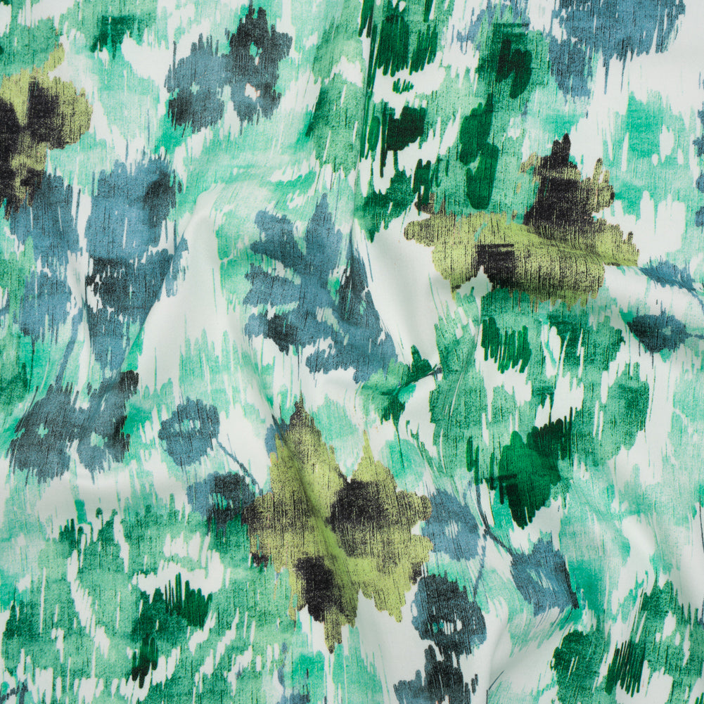 Brushed Cotton Woven - Green, Blue and Olive Ikat Florals - Mood Exclusive Reflecting Pool Print