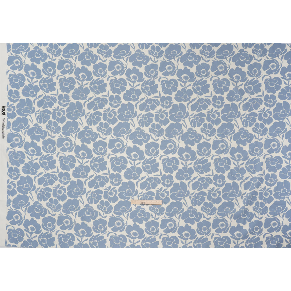Brushed Cotton Woven - Blue and Off White Simple Poppies - Mood Exclusive Poppy Impressions Print