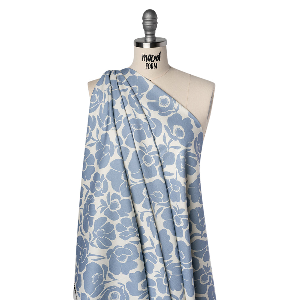 Brushed Cotton Woven - Blue and Off White Simple Poppies - Mood Exclusive Poppy Impressions Print
