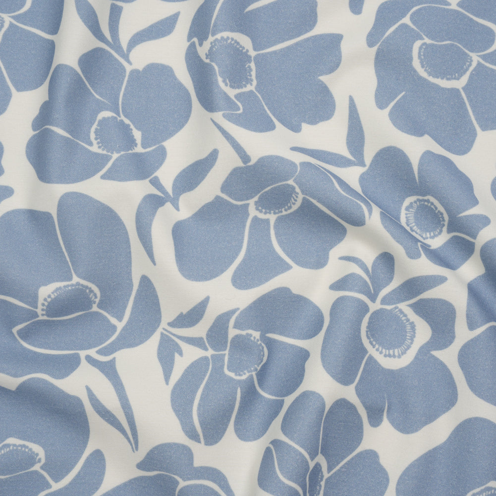 Brushed Cotton Woven - Blue and Off White Simple Poppies - Mood Exclusive Poppy Impressions Print