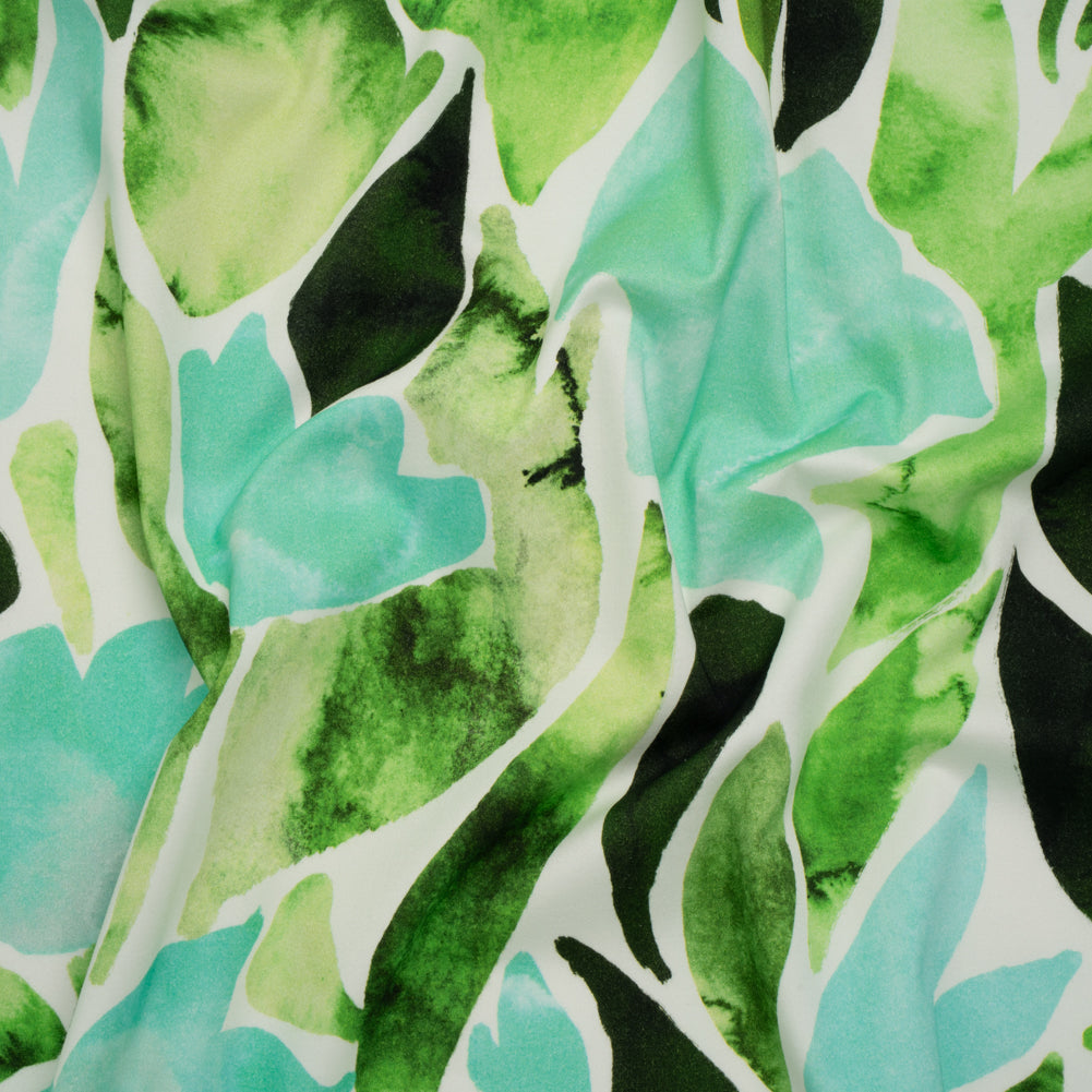 Brushed Cotton Woven - Aqua Blue, Lime and Forest Green Leaf Shapes - Mood Exclusive Watercolor Grove Print