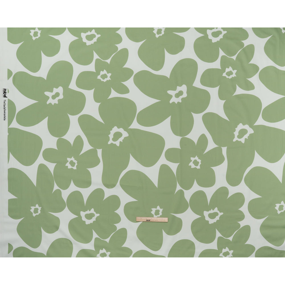 Brushed Cotton Woven - White and Sage Green Big Simple Flowers - Mood Exclusive Floral Figures Print Full