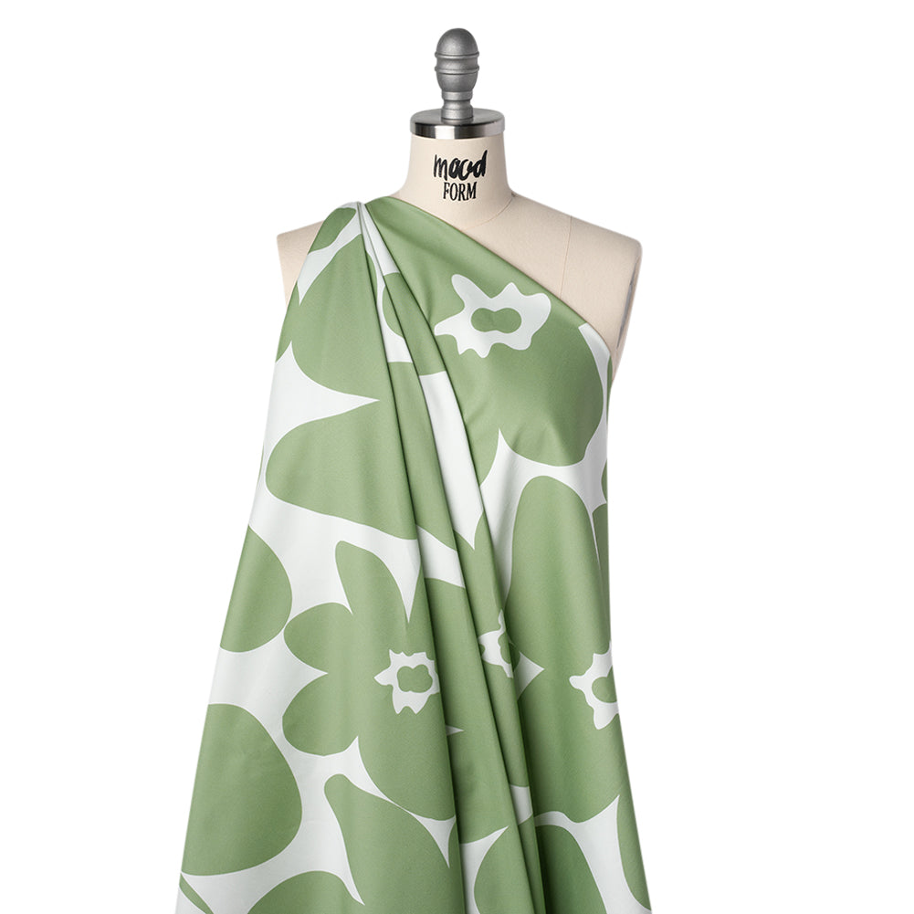 Brushed Cotton Woven - White and Sage Green Big Simple Flowers - Mood Exclusive Floral Figures Print Drape