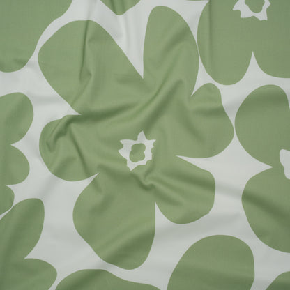 Brushed Cotton Woven - White and Sage Green Big Simple Flowers - Mood Exclusive Floral Figures Print