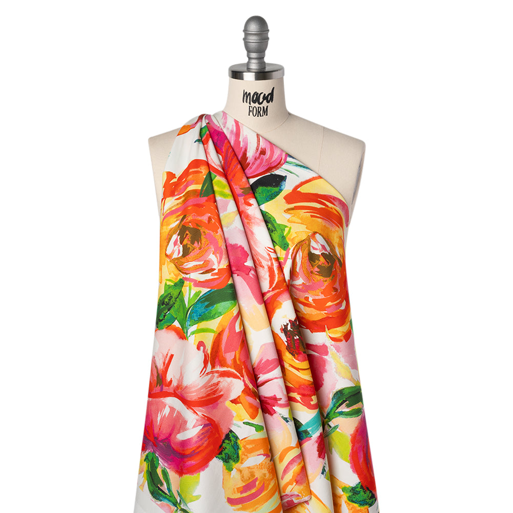 Brushed Cotton Woven - Pink, Yellow and Green Bold Painterly Flowers - Mood Exclusive Blooming Impasto Print - Drape