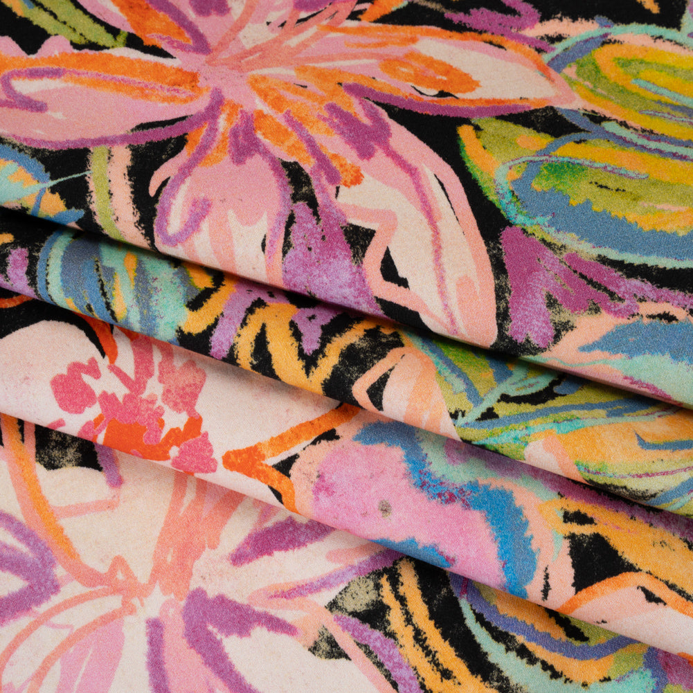 Brushed Cotton Woven - Pink, Floral Purple and Bright Green Chalk Drawing Flowers - Mood Exclusive Chalkboard Blossoms Print - Folded