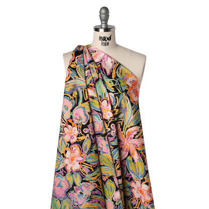 Brushed Cotton Woven - Pink, Floral Purple and Bright Green Chalk Drawing Flowers - Mood Exclusive Chalkboard Blossoms Print