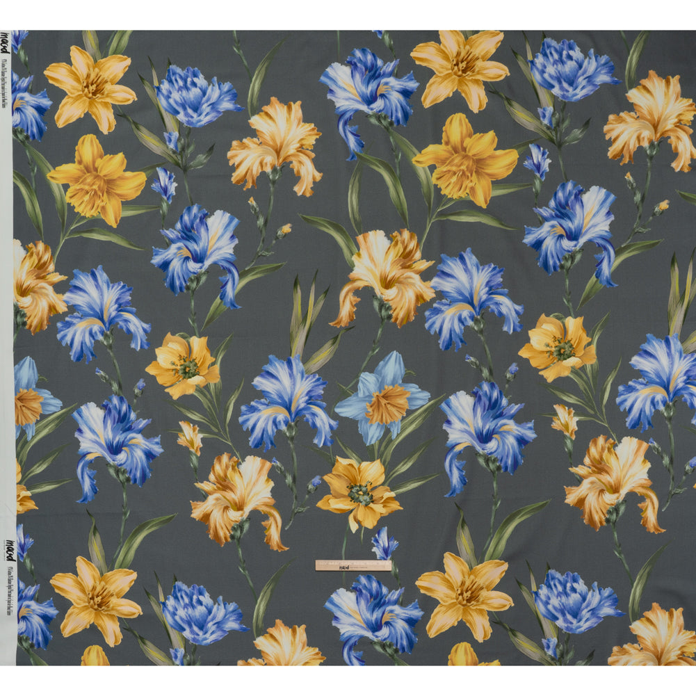 Brushed Cotton Woven - Golden Yellow, Blue and Gray Big Lilies - Mood Exclusive Language of Lilies Print Full