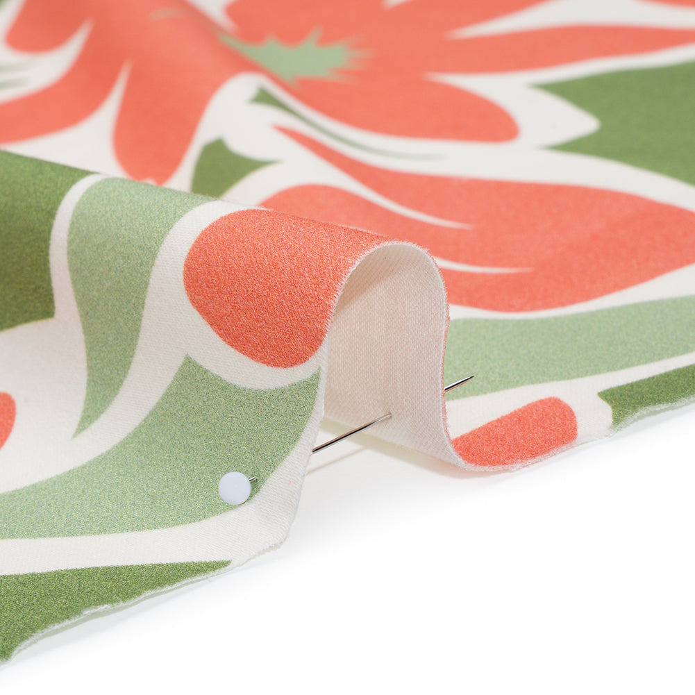 Brushed Cotton Woven - Coral Rose, Sage and Basil Green Flat Flowers - Mood Exclusive Bloom Block Print - Detail