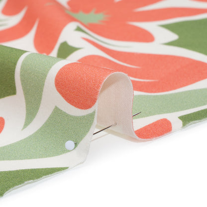 Brushed Cotton Woven - Coral Rose, Sage and Basil Green Flat Flowers - Mood Exclusive Bloom Block Print