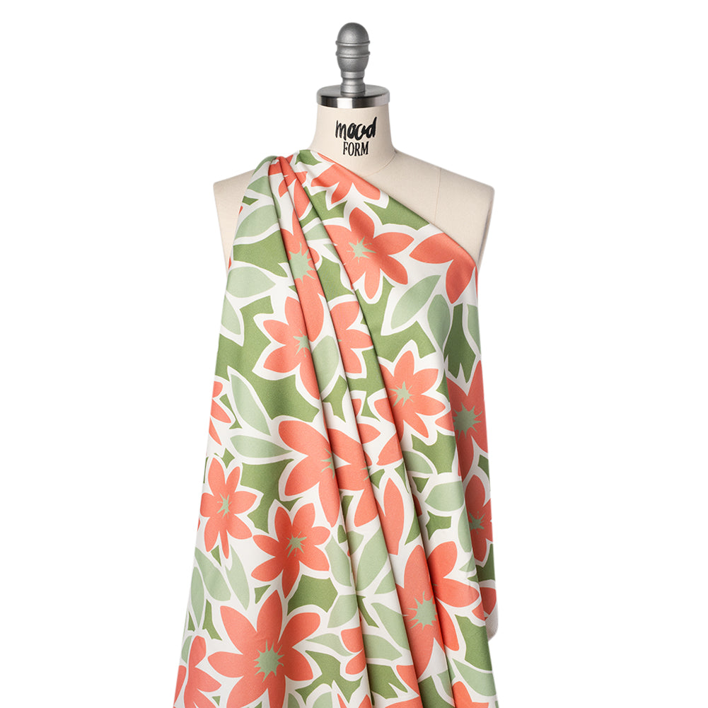 Brushed Cotton Woven - Coral Rose, Sage and Basil Green Flat Flowers - Mood Exclusive Bloom Block Print - Drape