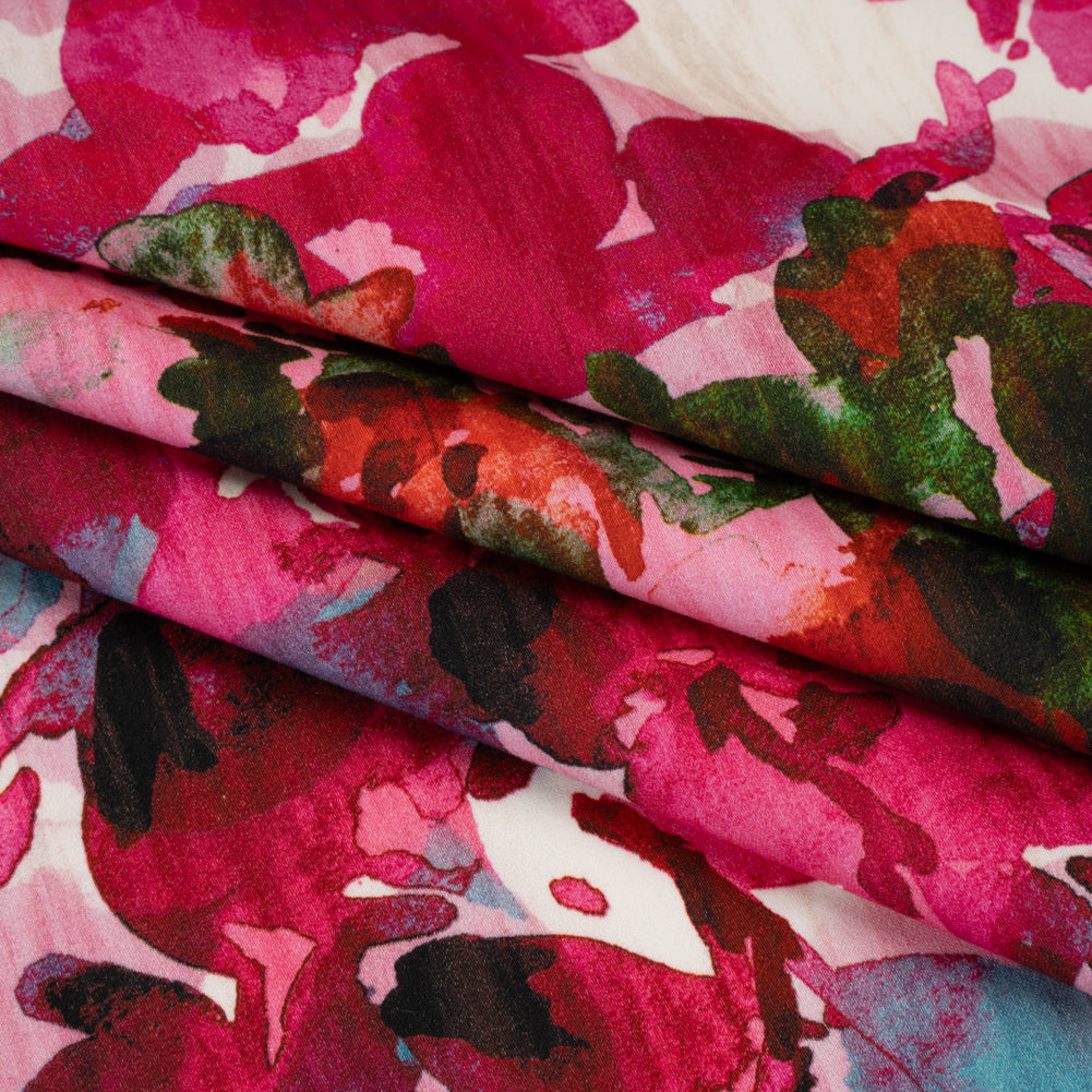 Brushed Cotton Woven - Fuchsia Pink, Red and Light Blue Striated Painted Flowers - Mood Exclusive Painter’s Bouquet Print - Folded