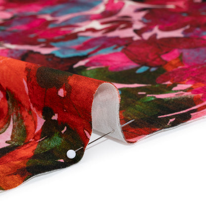 Brushed Cotton Woven - Fuchsia Pink, Red and Light Blue Striated Painted Flowers - Mood Exclusive Painter’s Bouquet Print