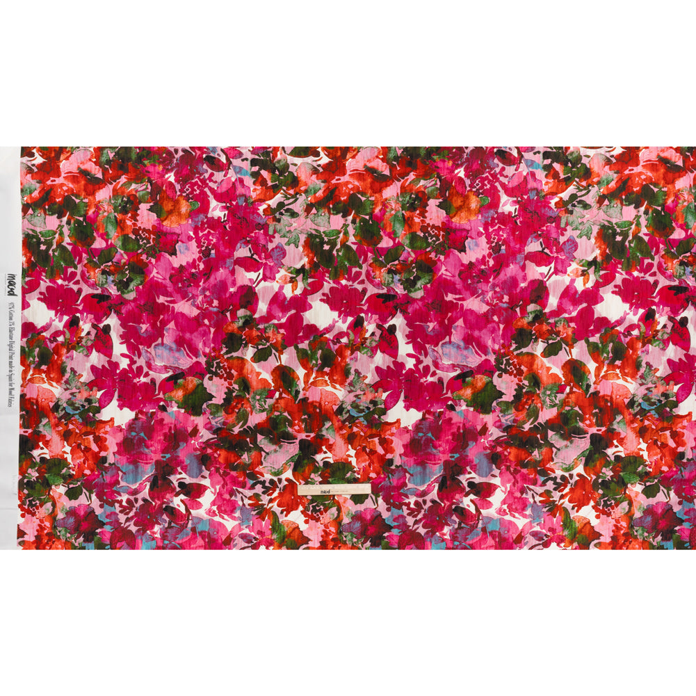 Brushed Cotton Woven - Fuchsia Pink, Red and Light Blue Striated Painted Flowers - Mood Exclusive Painter’s Bouquet Print - Full