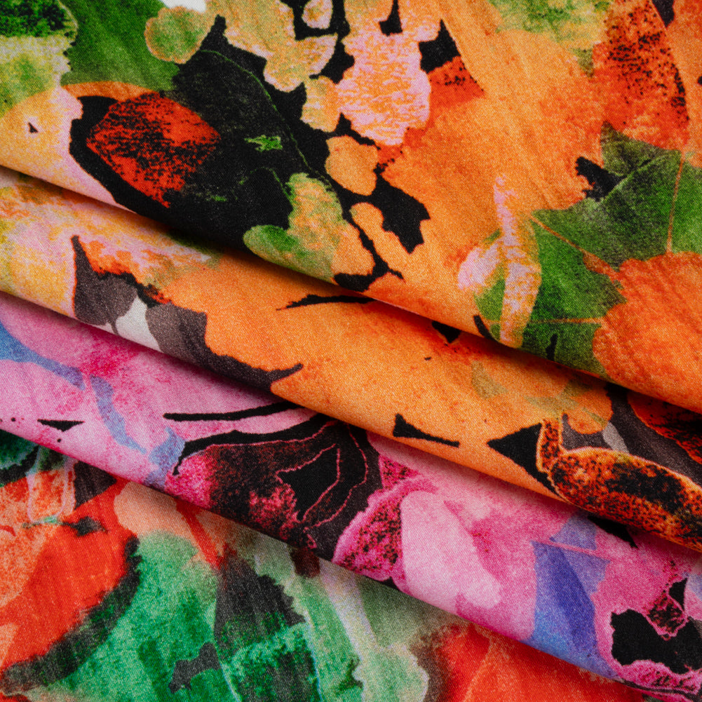 Brushed Cotton Woven - Pink, Blue and Orange Striated Painted Flowers - Mood Exclusive Painter’s Bouquet Print Folded
