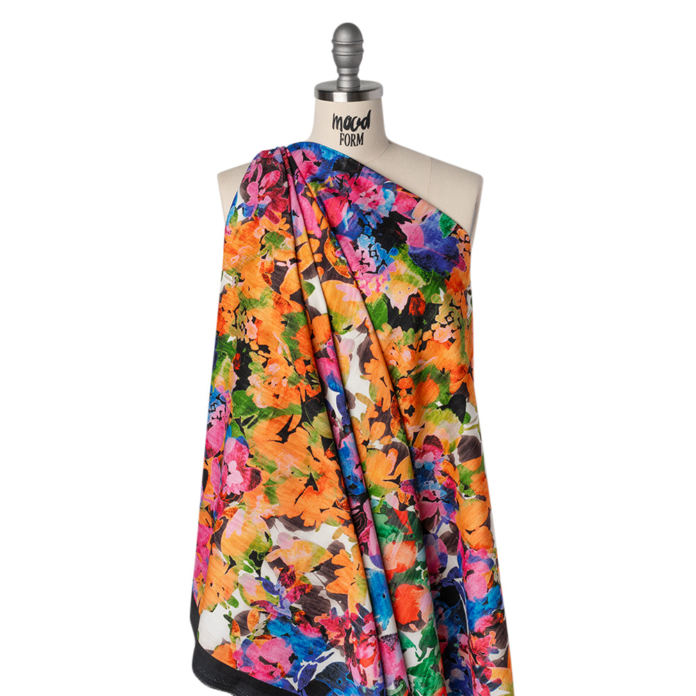 Brushed Cotton Woven - Pink, Blue and Orange Striated Painted Flowers - Mood Exclusive Painter’s Bouquet Print Drape