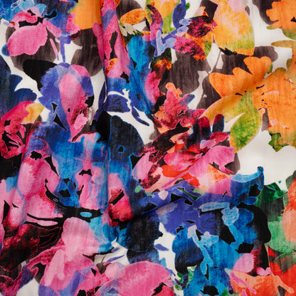 Brushed Cotton Woven - Pink, Blue and Orange Striated Painted Flowers - Mood Exclusive Painter’s Bouquet Print