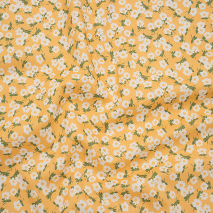 Brushed Cotton Woven - White, Sunny Yellow and Green Scattered Daisies - Mood Exclusive Daisy Daze Print
