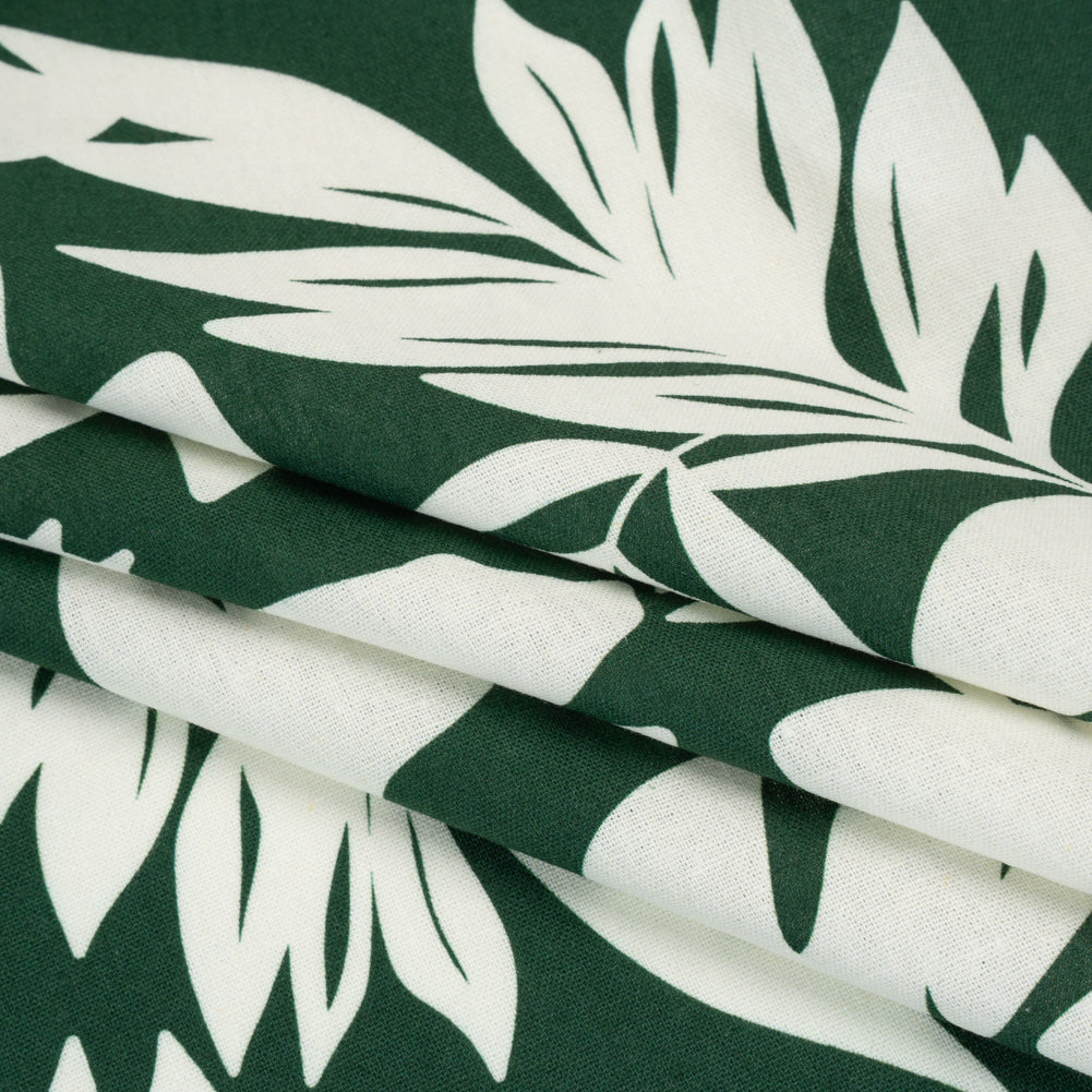 Linen and Rayon Woven - Pine Green and Ivory Leaf Silhouettes - Mood Exclusive Neutral Nature Print