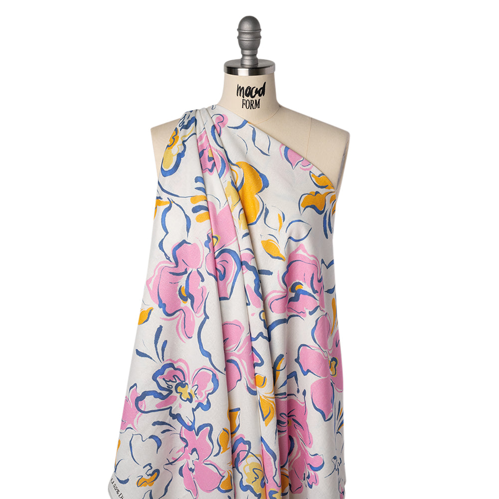 Linen and Rayon Woven - Baby Pink, Light Blue and Creamsicle Ink Brush Flowers - Mood Exclusive Pastel Botanica Print