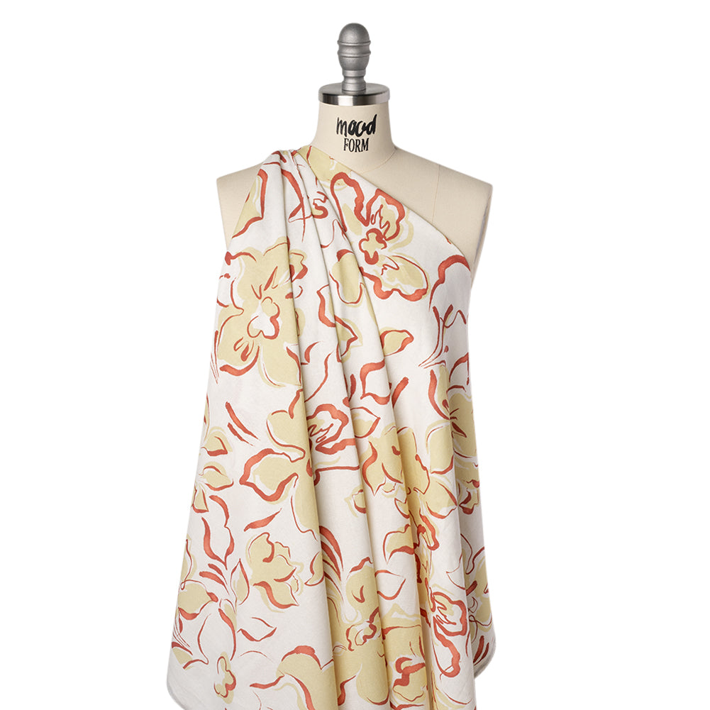 Linen and Rayon Woven - Pale Yellow, Muted Red and Off White Ink Brush Flowers - Mood Exclusive Pastel Botanica Print Drape