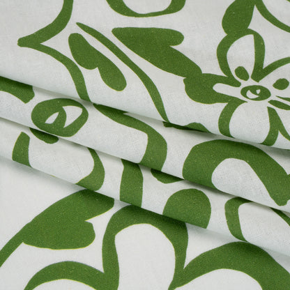 Linen and Rayon Woven - Green and Off White Flower Doodles - Mood Exclusive Sweet Scribbles Print Folded