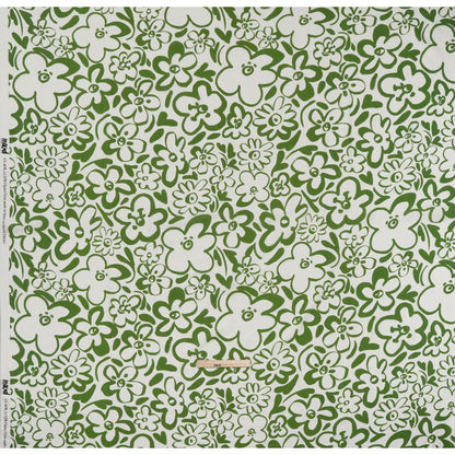 Linen and Rayon Woven - Green and Off White Flower Doodles - Mood Exclusive Sweet Scribbles Print Full