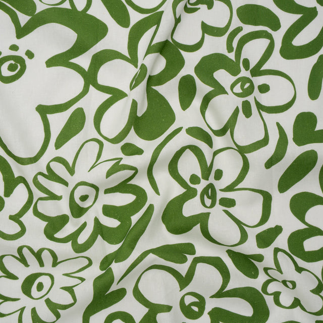 Linen and Rayon Woven - Green and Off White Flower Doodles - Mood Exclusive Sweet Scribbles Print