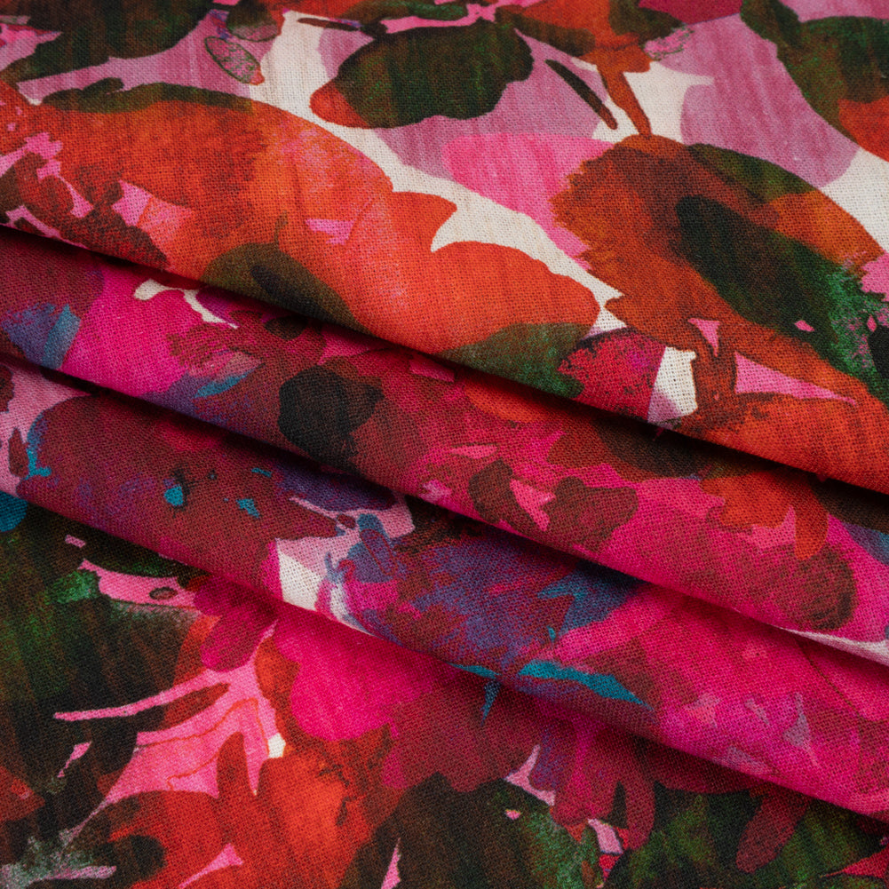 Linen and Rayon Woven - Fuchsia Pink, Red and Light Blue Striated Painted Flowers - Mood Exclusive Painter’s Bouquet Print