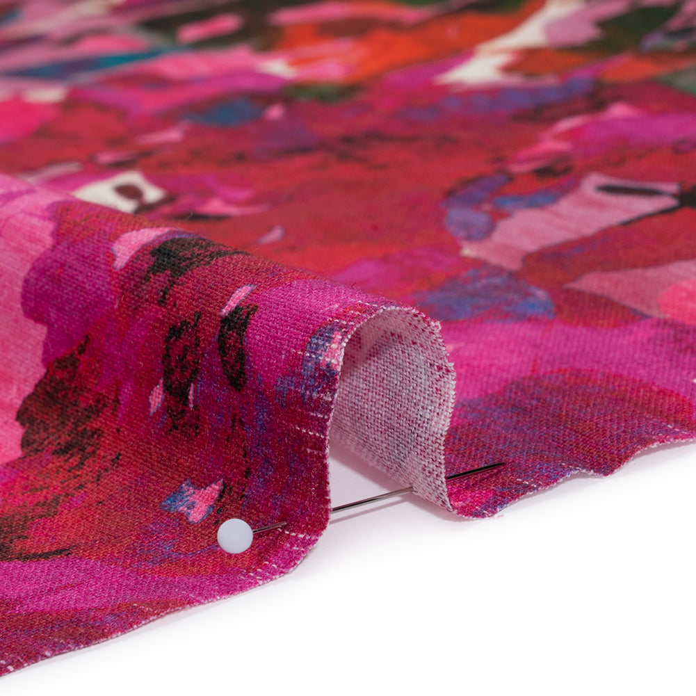 Linen and Rayon Woven - Fuchsia Pink, Red and Light Blue Striated Painted Flowers - Mood Exclusive Painter’s Bouquet Print