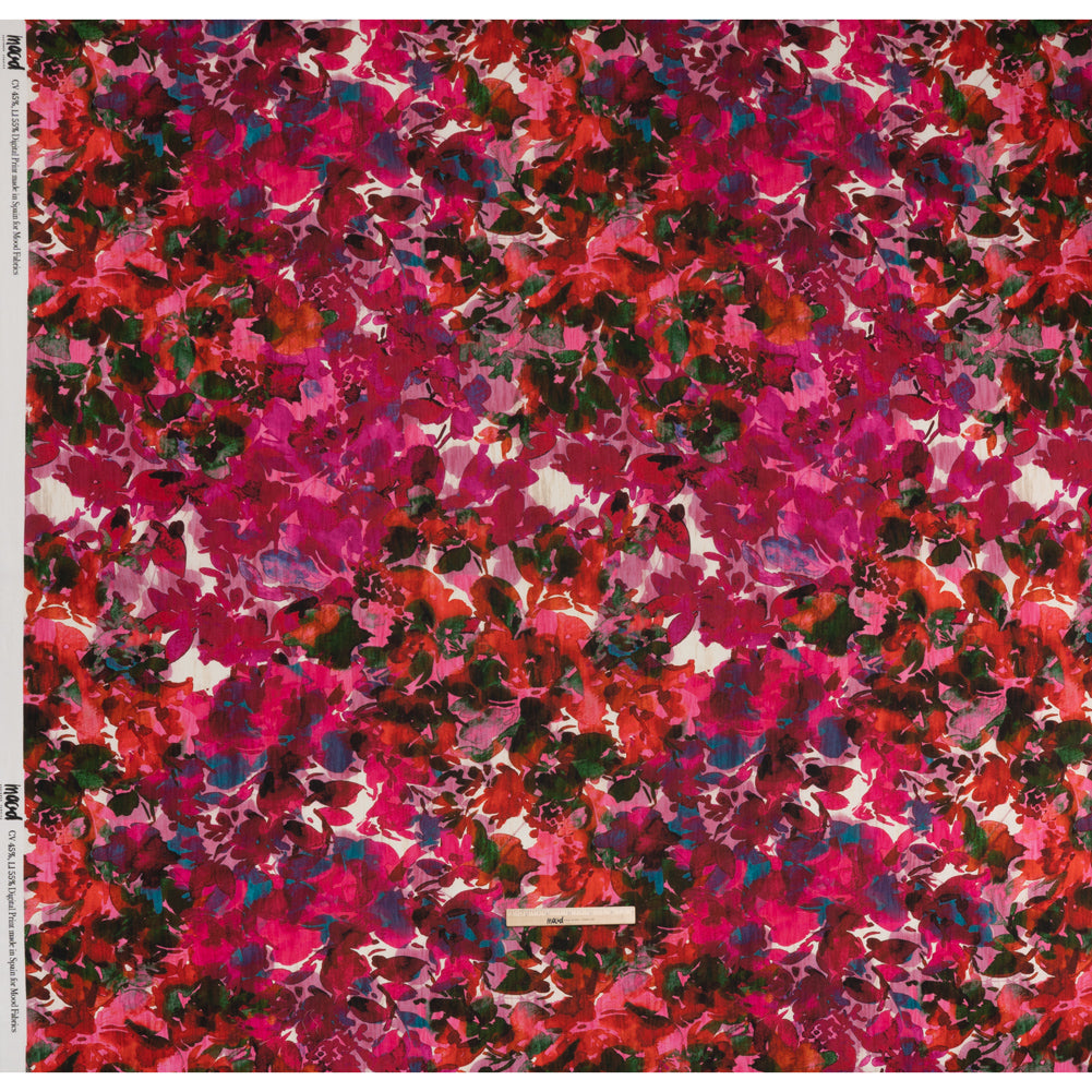 Linen and Rayon Woven - Fuchsia Pink, Red and Light Blue Striated Painted Flowers - Mood Exclusive Painter’s Bouquet Print