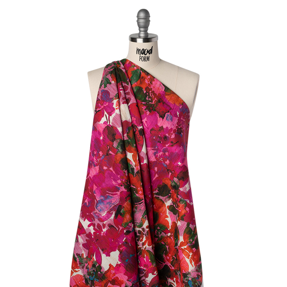 Linen and Rayon Woven - Fuchsia Pink, Red and Light Blue Striated Painted Flowers - Mood Exclusive Painter’s Bouquet Print