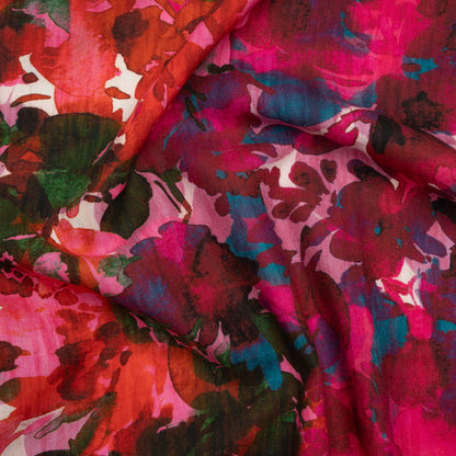 Linen and Rayon Woven - Fuchsia Pink, Red and Light Blue Striated Painted Flowers - Mood Exclusive Painter’s Bouquet Print