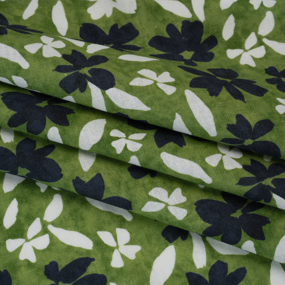 Linen and Rayon Woven - Green, Navy and White Scattered Flowers and Petals - Mood Exclusive Pick-a-Petal Print