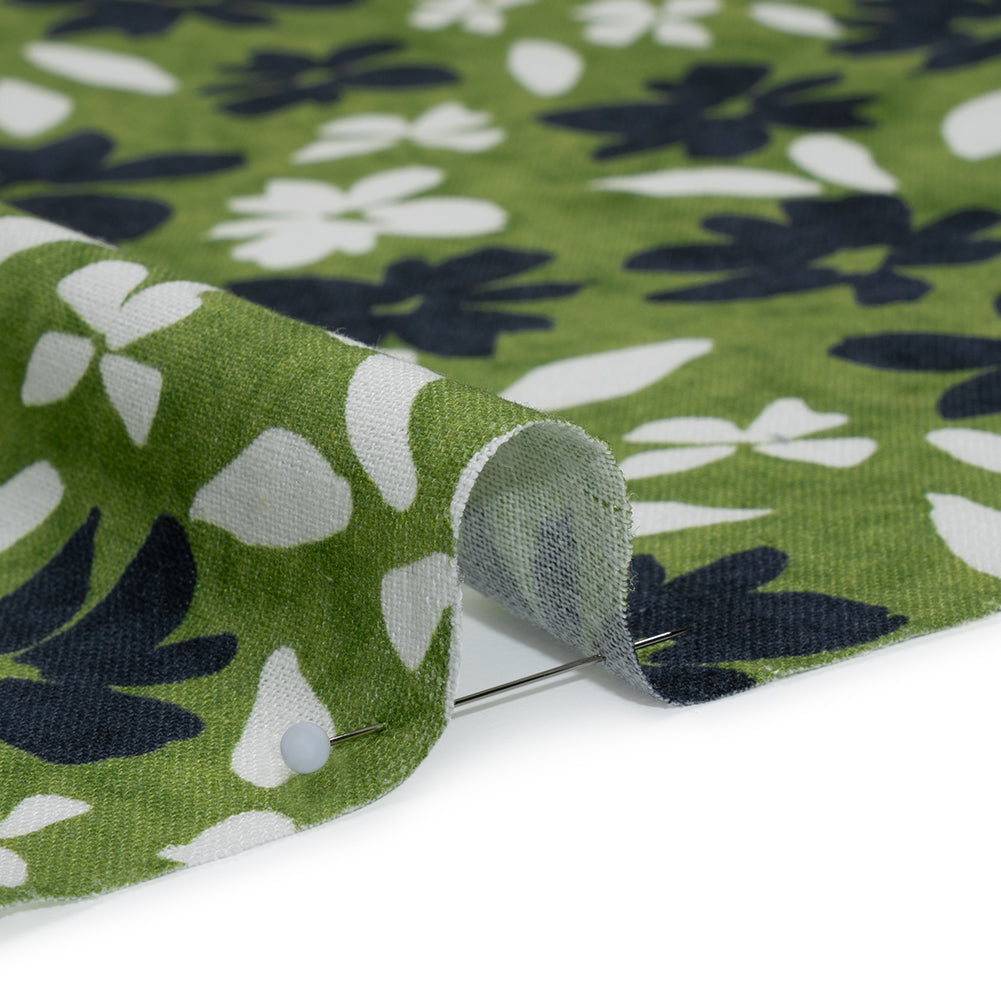 Linen and Rayon Woven - Green, Navy and White Scattered Flowers and Petals - Mood Exclusive Pick-a-Petal Print