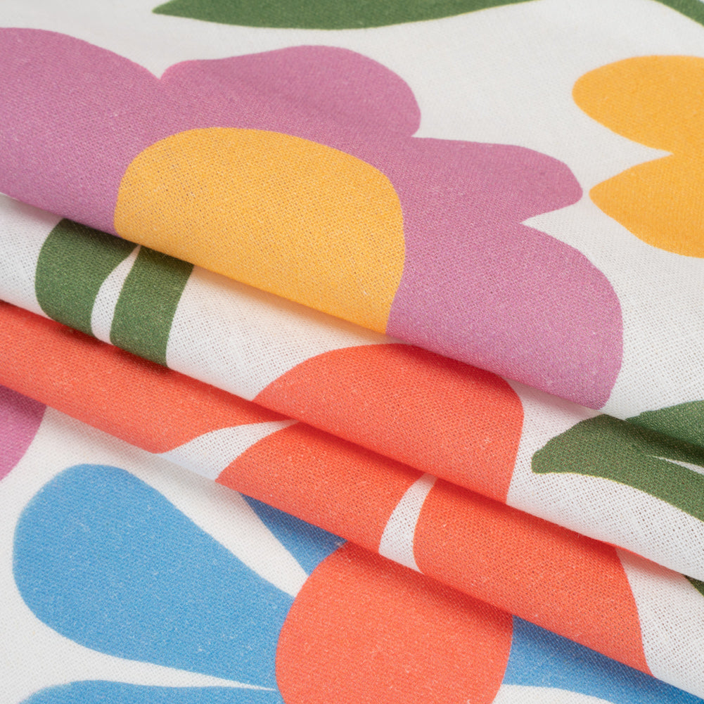 Linen and Rayon Woven - Golden Yellow, Rose Pink and Sky Blue Simple Flowers - Mood Exclusive Simple Stems Print